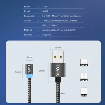 TOPK Magnetinio Kabelis 1m USB C Tipo Magnetas, Įkroviklis, Micro USB 