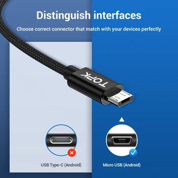 TOPK Micro USB Kabelis 2.4 Nailono Greito Įkrovimo USB Įkrovimo Kabeliu, Skirta 