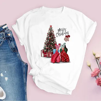 Trišakiai Moterų Spausdinti Dovana Medžio Atostogų Laimingi Laiko Mielas Linksmų Kalėdų Ponios Drabužiai Lady Viršūnes Drabužių Moterų Marškinėliai T-Shirt