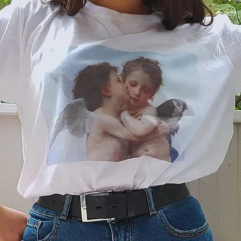 Ulzzang Mados Kawaii Angelas Spausdinti Moterų marškinėliai Vasarą Laisvi Trumpas Rankovėmis O-kaklo Laisvalaikio Aprangą 