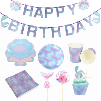 Undinė šalis pagal nuotolių skalę, popieriaus plokštė taurės mergina gimtadienio prekių undinėlės uodega shell žvaigždė balionas tortas topper