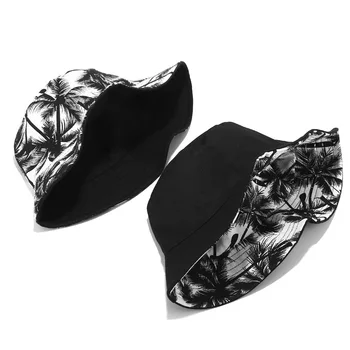 Unisex Panama Kokoso Drobės Kibirą Skrybėlės Juoda Spausdinti Augalų dvipusis Nešiojami Baseino Kepurės Lauko Kelionių Skydelis Pėsčiųjų Skrybėlę