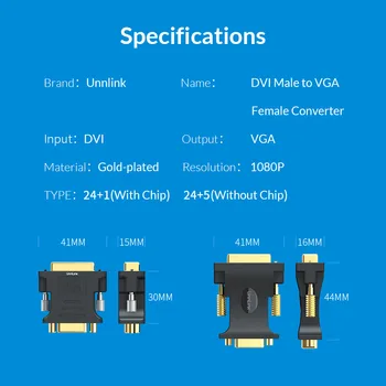 Unnlink Aktyvus DVI į VGA Konverteris Skaitmeninis DVI-D(24+1) DVI I(24+5), D-Sub VGA Adapteris FHD1080P@60Hz PC Kompiuteris DVI