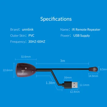 Unnlink IR ilgiklis 3m Laido Ilgis Infraraudonųjų spindulių Kartotuvas Extender Nuotolinio Valdymo 5V USB Maitinimo Smart LED TV mi Dėžutę