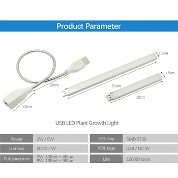 USB Led Grow Light Visą Spektrą 3W/ 5W 14LEDs/27LEDs Lankstus Fitolamp Fito Lempa Darbalaukio Augalų, Gėlių IR UV Auga DC 5V