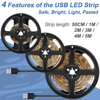 USB Šviesos Juostelė 1M 2M 3M 4M 5M Vandeniui LED Lempos, Miegamojo Spinta Apdailos 5V Lankstus Diodų Juosta 2835 Chip LED Juostos