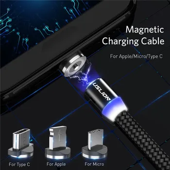 USLION LED Magnetinio Micro USB Laidas, Greito Įkrovimo Tipas C Micro Kabelis Magnetas Įkroviklis Samsung 