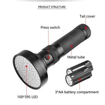UV Žibintuvėlis Juodos Šviesos, 100 LED 395 Nm Ultravioletinių spindulių Žibintuvėlis Lempos Detektorius, skirtas Sausos Augintiniai Šlapimo&pet Dėmes ir lovų Klaidą AA Baterijos