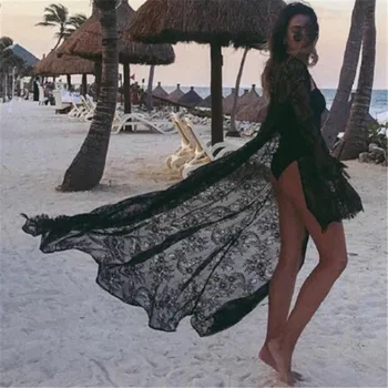 Vasaros Moterų maudymosi kostiumėlį Bikini Padengti Iki Seksualus Paplūdimio Cover Up Nėrinių Gėlių Kimono Ilgas Palaidinė Elegantiškas, Kietas Paplūdimio Maudymosi Kostiumas XL