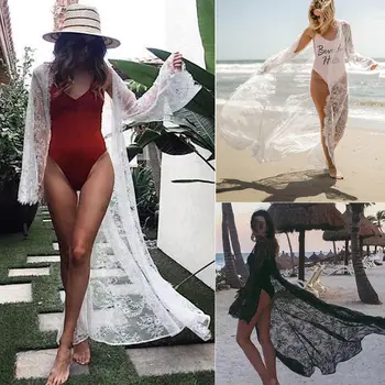 Vasaros Moterų maudymosi kostiumėlį Bikini Padengti Iki Seksualus Paplūdimio Cover Up Nėrinių Gėlių Kimono Ilgas Palaidinė Elegantiškas, Kietas Paplūdimio Maudymosi Kostiumas XL