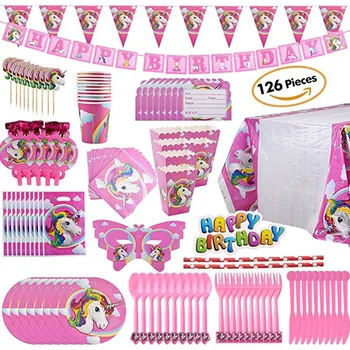 Vienaragis gimtadienio dekoracijas, vienkartiniai indai, nustatyti Vienaragis balionas puodeliai, plokštės servetėlės vaikams gimtadienio prekes