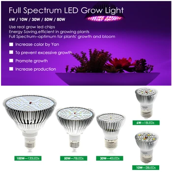 Viso Spektro LED Lemputė Augalų Augimo 6W 10W 30W 50W 80W Phytolamp E27 UV Lemputes Augalai, Gėlės, Sodinukai Auga Palapinė