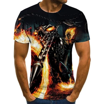 Vyrai Kaukolė T marškinėliai Mados Vasaros trumpomis Rankovėmis Ghost Rider Cool T-shirt 3D Kaukolė Spausdinti Viršūnes Roko Gaisro Kaukolė Marškinėlius Vyrams
