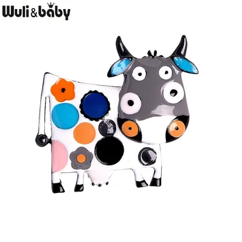 Wuli&baby Carton Raundo Emalį Gėlių Karvės Galvijai Sages Moterims, 4-color Gyvūnų Šalies Atsitiktinis Sagės, Segtukai, Dovanos