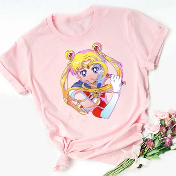 WVIOCE Harajuku Sailor Moon Marškinėlius Animaciją Kačių Spausdinti Moteriški Marškinėliai Hip-Hop Moterų Marškiniai Vasaros Top Streetwear Moterų Drabužiai