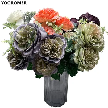 YOOROMER 5 vadovai Bijūnų puokštė 8cm aukštos kokybės bijūnų galvos gėlių šilko dirbtinių rožių vestuvių namų puošybai šeimos 